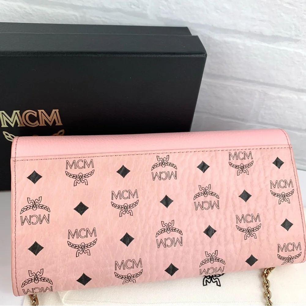 NEW! MCM Visetos Pink Diamond Pattern Tracy Wallet Chain Crossbody Bag $550 - Picture 10 of 16